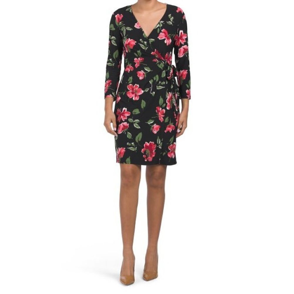 Anne Klein Womens Black Floral Red Roses V Neck Long Sleeve Wrap Dress Sz 10 New
